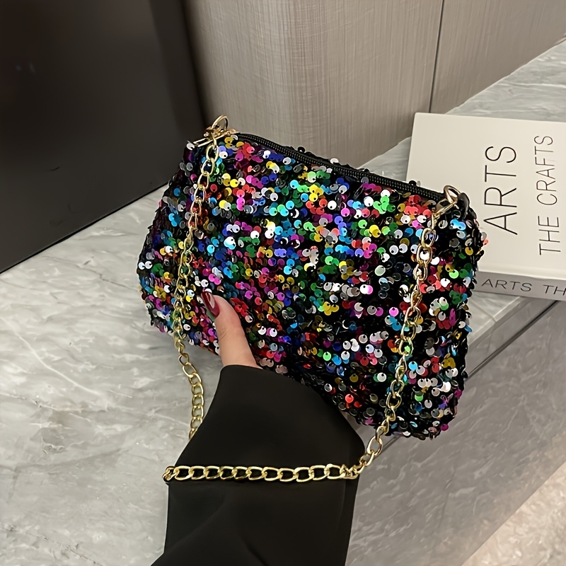 

Sequin Embellished Polyester Shoulder Bag With Metal Chain, Lightweight Casual Commuter Purse, Zipper Closure, Polyester Lined, For Daily, College, Party - Options