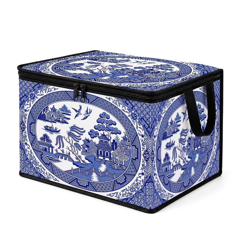 TEMU 1pc Chinoiserie Storage Bin With Lid - Blue & Pagoda Bird Willow Design Rectangular Suitable For Clothes, Bedding, Towels, Asian Decor Bin For,,