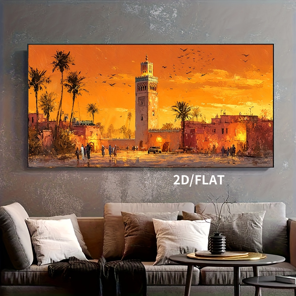 TEMU 2D Plat, 1 Pièce Cadre 2D/Plat Silhouette de sur une Ville Marocaine avec Bâtiments et Palmiers, Toile d'Art Mural Horizontale pour Salon,