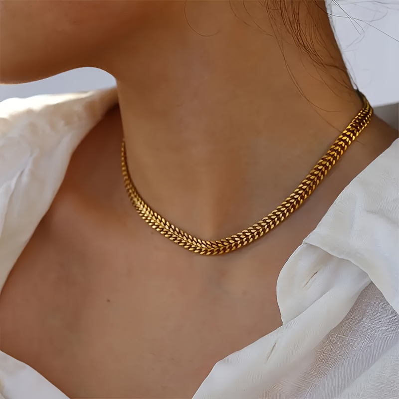 

1pc 18k Golden Plated Vintage Punk Stainless Steel Wheat Chain Necklace, French Style Thick Link Neck Jewelry, For Women, For Daily And Party