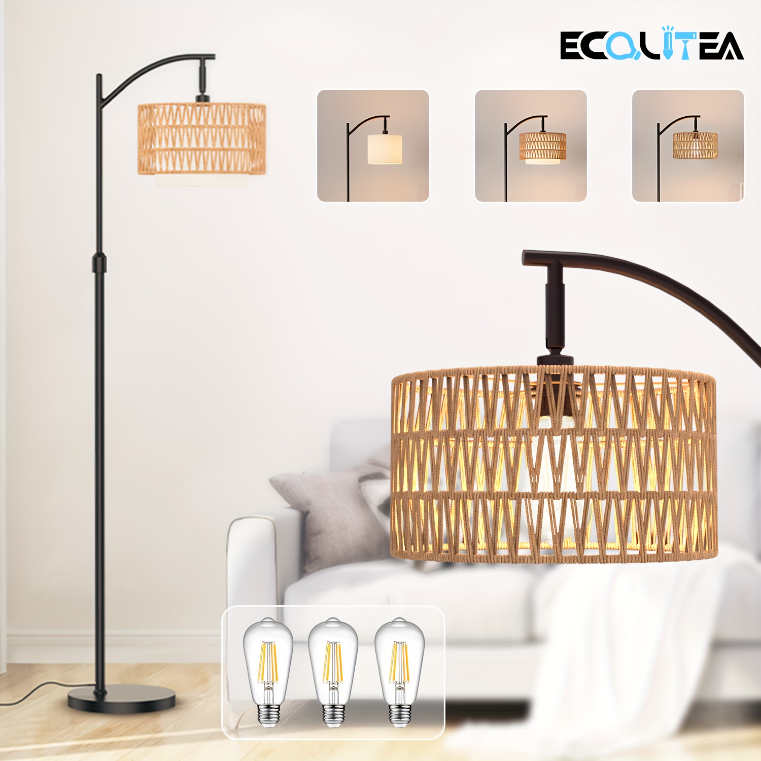 Arc Floor Lamp Black, Boho Floor Lamps For Living Room, Dimmable Standing Tall Lamps With Rattan