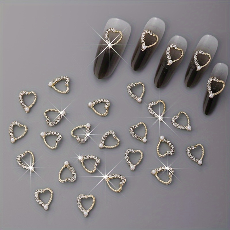 

50pcs Heart-shaped Alloy Nail Art Charms With Rhinestones And Gems, Unscented Luxury Nail Jewelry Decorations For Diy Manicure