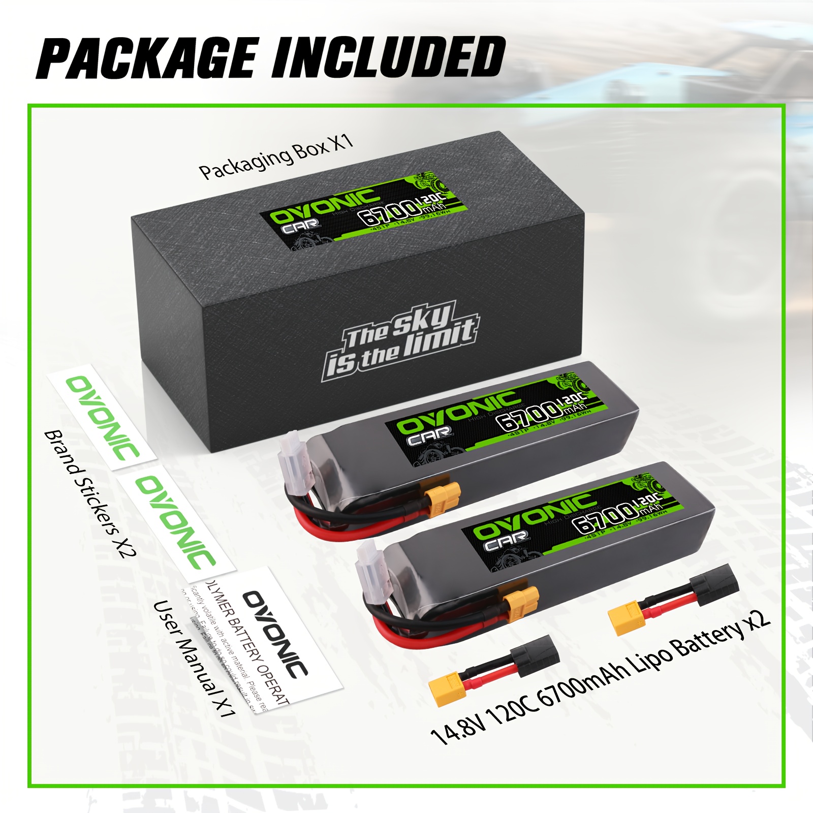 TEMU 2 Packs Ovonic 4s Lipo Battery 6700mah 120c 14.8v With For 1/8 Scale Rc Car Rc Truck, Lipo Batterie, Hobbyist Power Source, Lightweight Power
