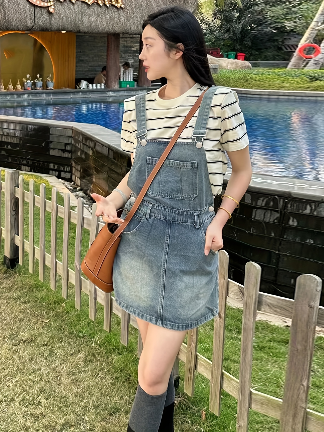 womens vintage high waist denim jumpsuit casual striped top Temu