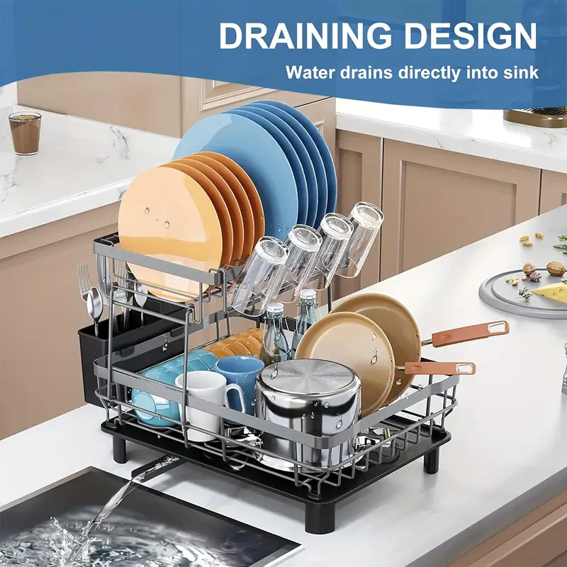 dish drying rack with 2 tier stainless steel dish rack and set with removable drip tray 360 swivel spout utensil holder large capacity dish drainer for kitchen counter Product details 5