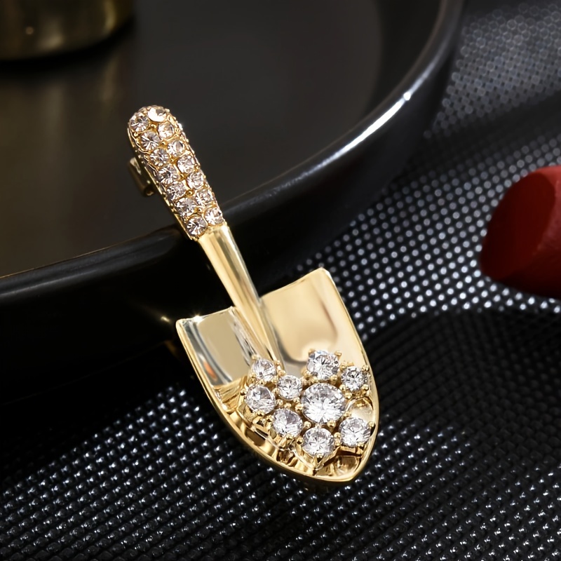TEMU Female Fashion Clear Rhinestones Gorgeous Shovel Brooches For Women Luxury Golden Color Zirconia Alloy Brooch Safety Pins