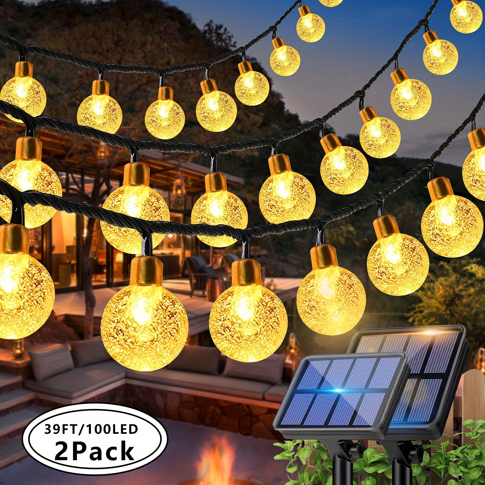 TEMU 2-pack Solar Outdoor String Lights, Summer Camping, Garden And Yard Decoration, New Year And Holiday Setup, 39ft/72ft, 8 Flashing , Ip65 Outdoor