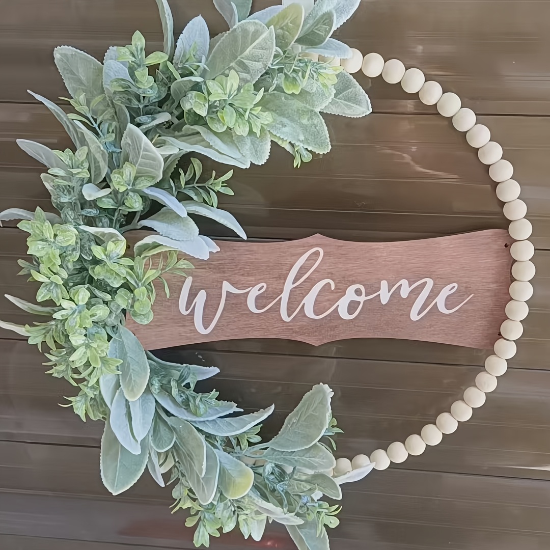 Image of Welcome Wooden Sign With Floral Garland - Modern Rustic Front Door Wreath, Durable Plastic & Wood, No Power Needed, Ideal For Home & Kitchen Decor, Use, Wreaths For Front Door