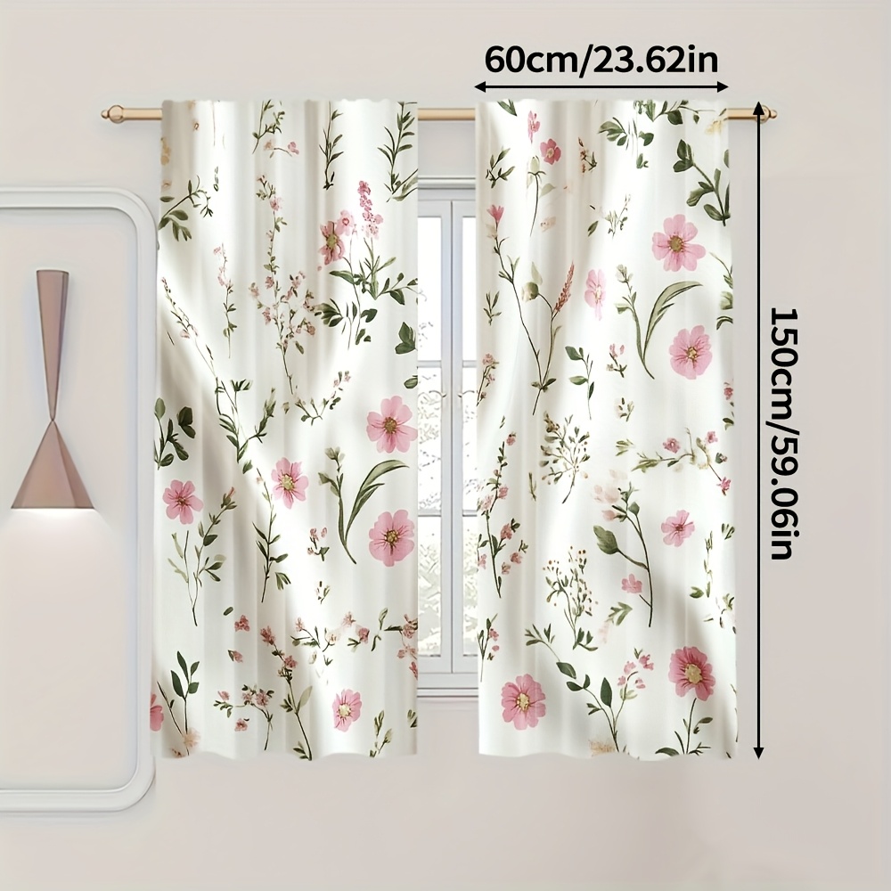 TEMU 2pcs Elegant Retro Floral Curtains - Spring Flower & Green Design, Art , Durable Polyester, Light-filtering Rod Pocket Curtains For Bedroom,