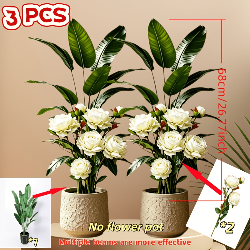 TEMU 3pcs Set Of Artificial White Roses And Potted Arrangement, Exuding And Elegant Natural Ambiance. With A High-quality, Flowerpot, The Overall