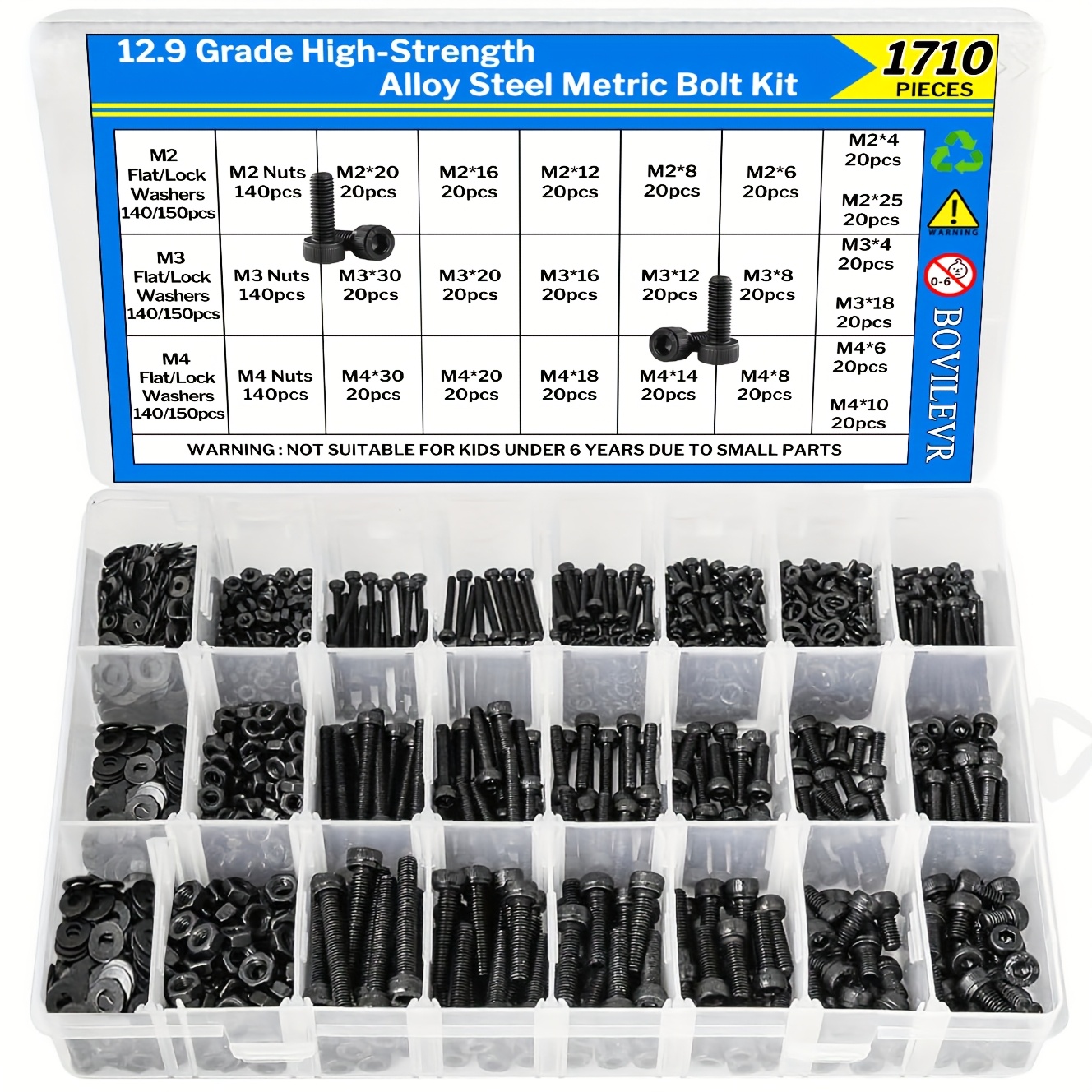 E-shop Ein Set aus 1710 hochfesten Legierungsstahlschrauben in metrischen Größen, mit 12.9er-Sechskantmuttern, inklusive Muttern und Unterlegscheiben,