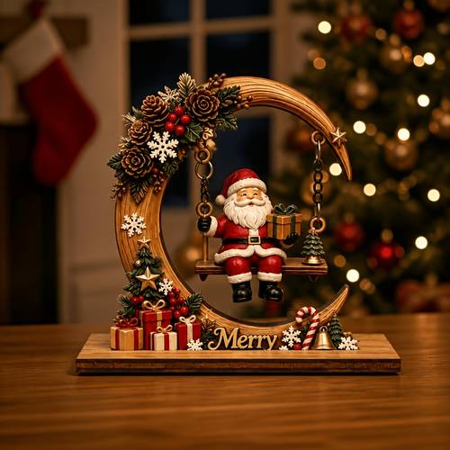 imagen del artículo adorno de columpio noel de madera 2d - 2d para decoraciones de navidad y halloween, / decoración de sobremesa noel oscilante, artesanía de madera para el hogar, fiestas, repisa de chimenea, estante - para navidad, 2d