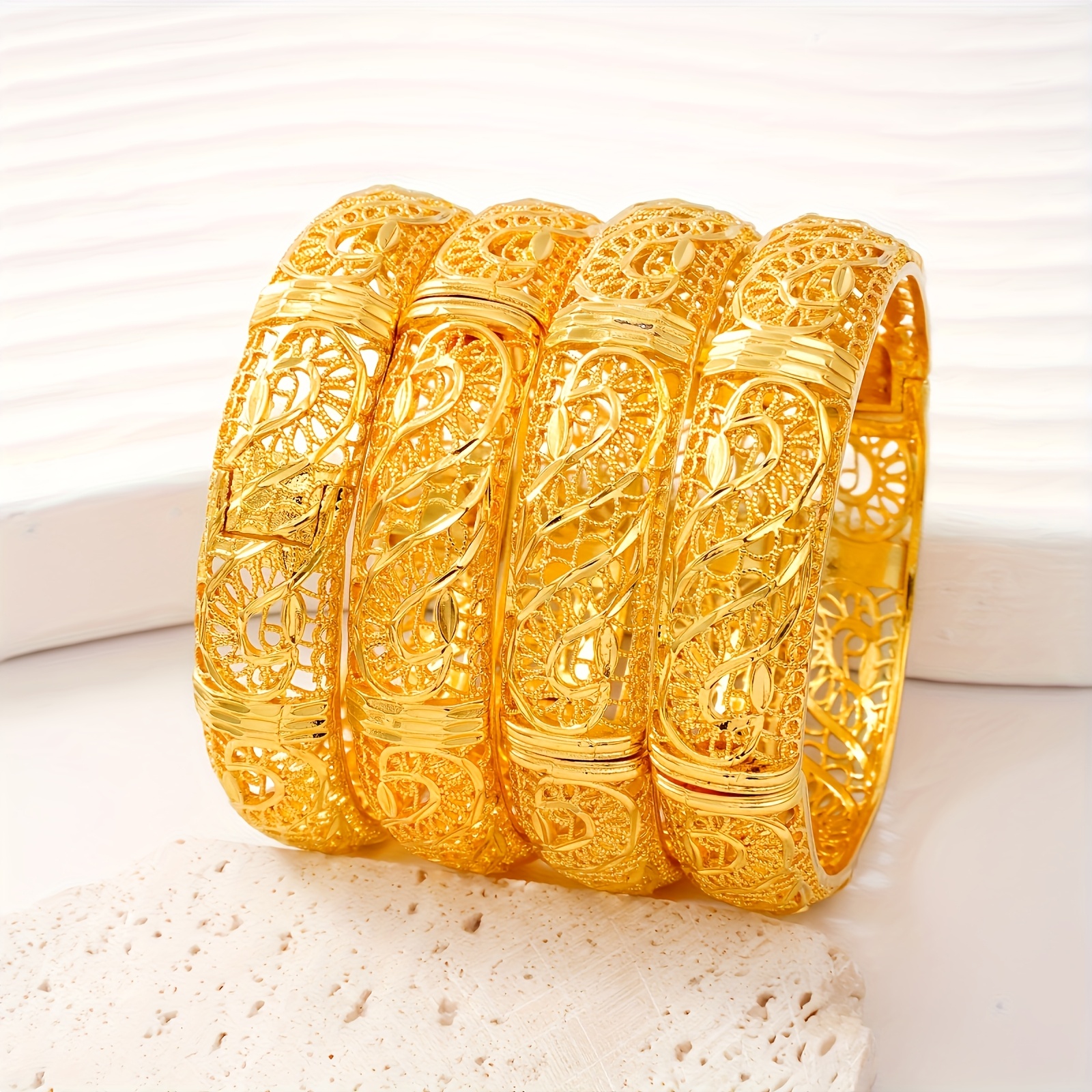 3pcs Gold Plated Openwork Bracelets - Modern Style with Classic Charm