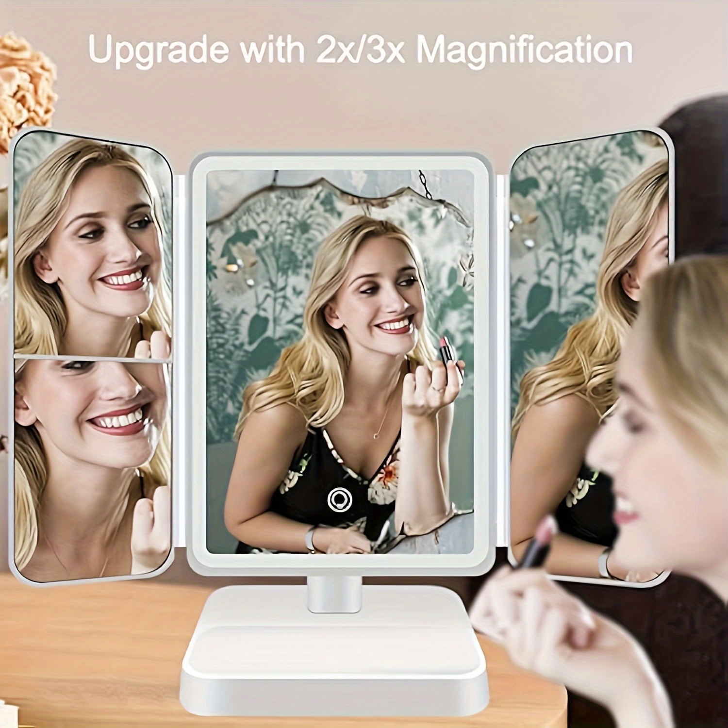 tri fold tabletop makeup mirror with led lights folding vanity mirror with 3 color lighting lighted mirror with for cosmetic women gift details 1