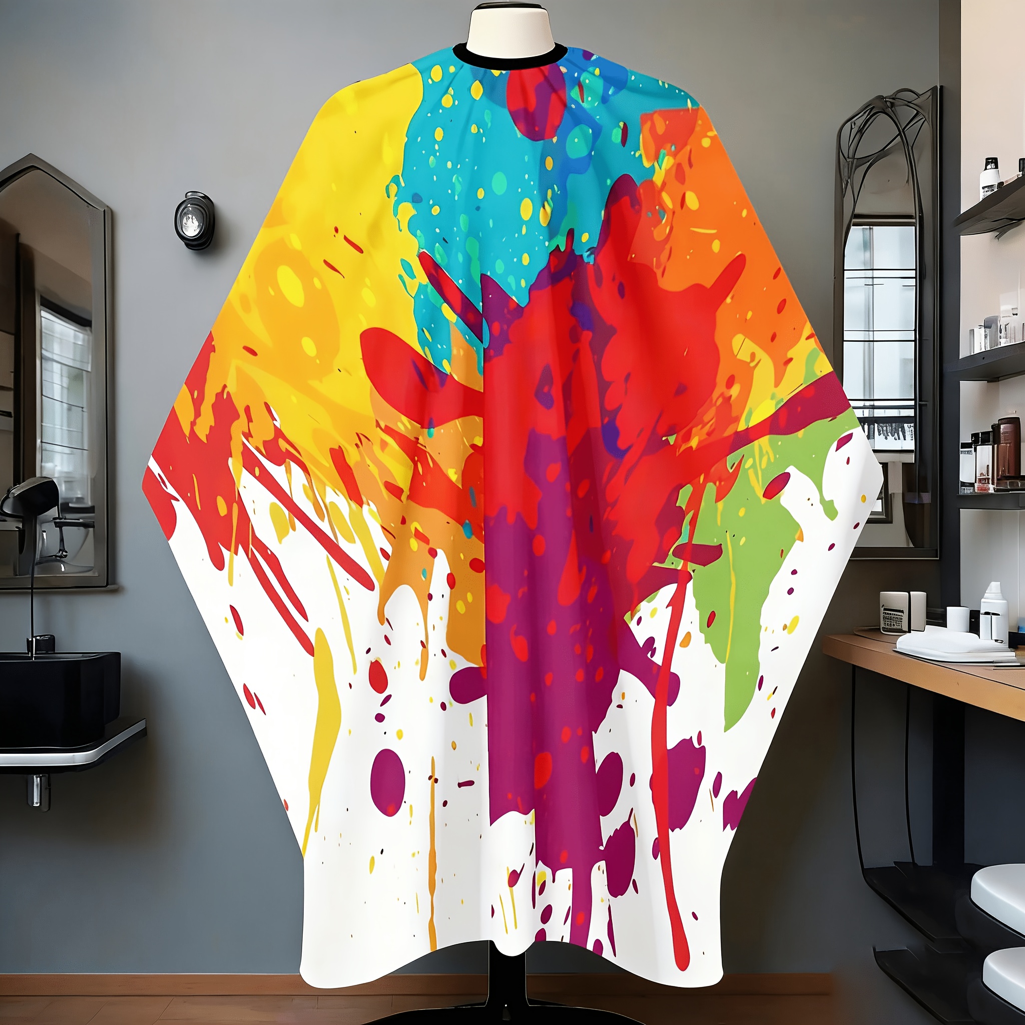 TEMU Vibrant Splash Barber Apron - Professional Haircut Cape, Hair Cutting Cape With Design