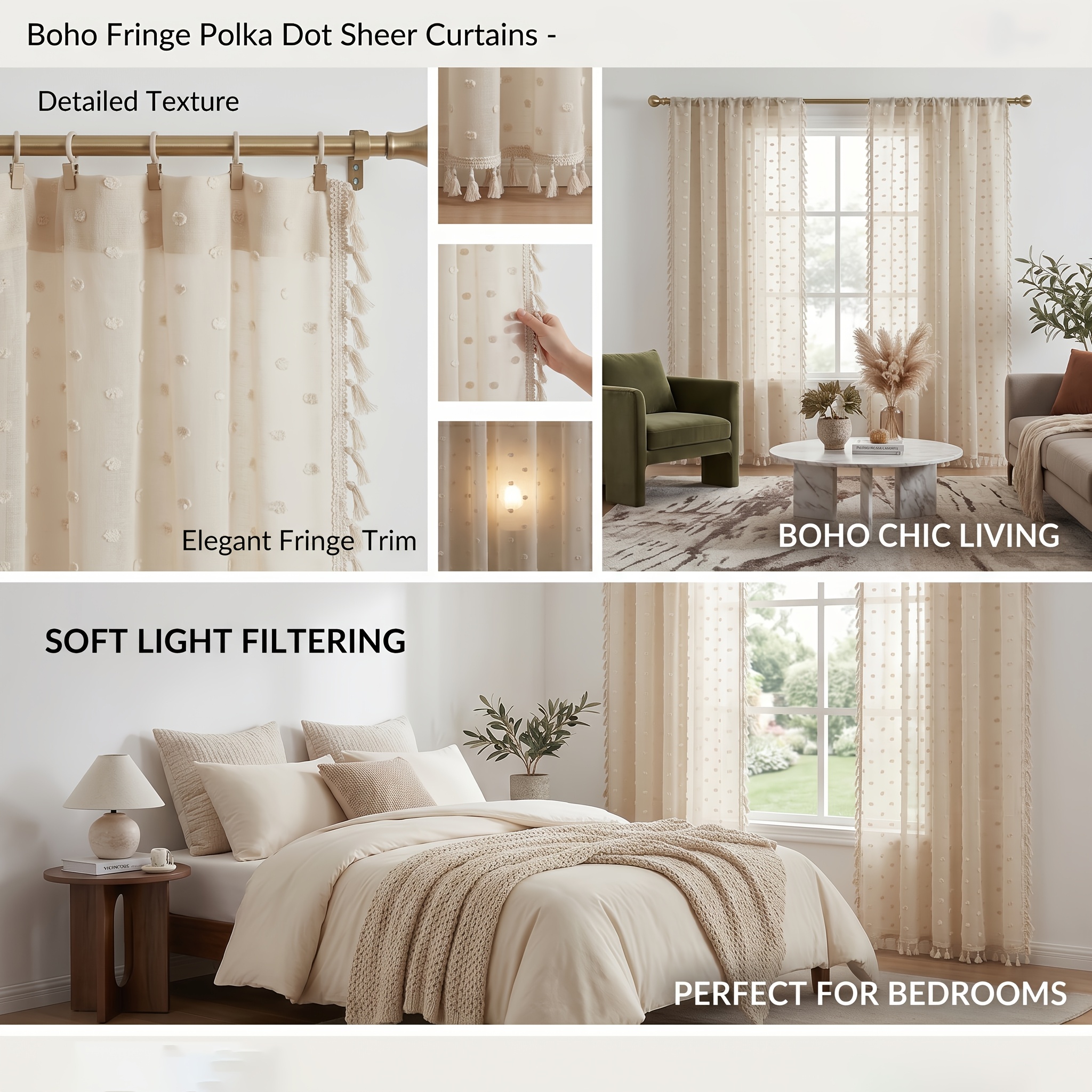 TEMU 1pc Cream Pom Pom Dot Sheer Curtains, Boho Tassel Edge Textured Light Filtering Window Drapes, Semi Transparent Polka Dot Sheer Curtains For