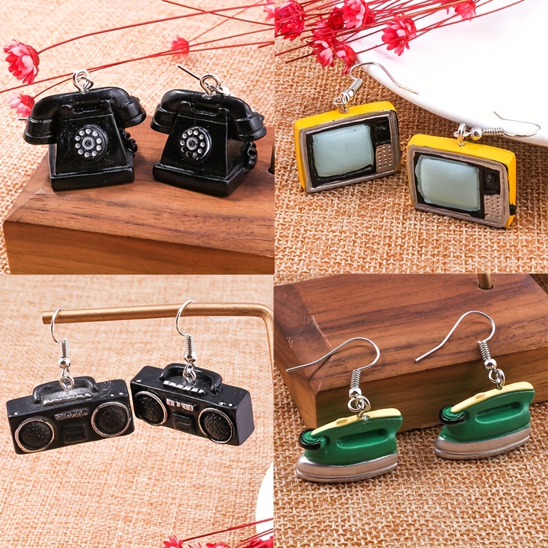 

4 Pairs Retro Creative Dangle Earrings - Polyresin Telephone, Tv, Iron, Radio Design - Cute Simple Style Personality Female Earrings