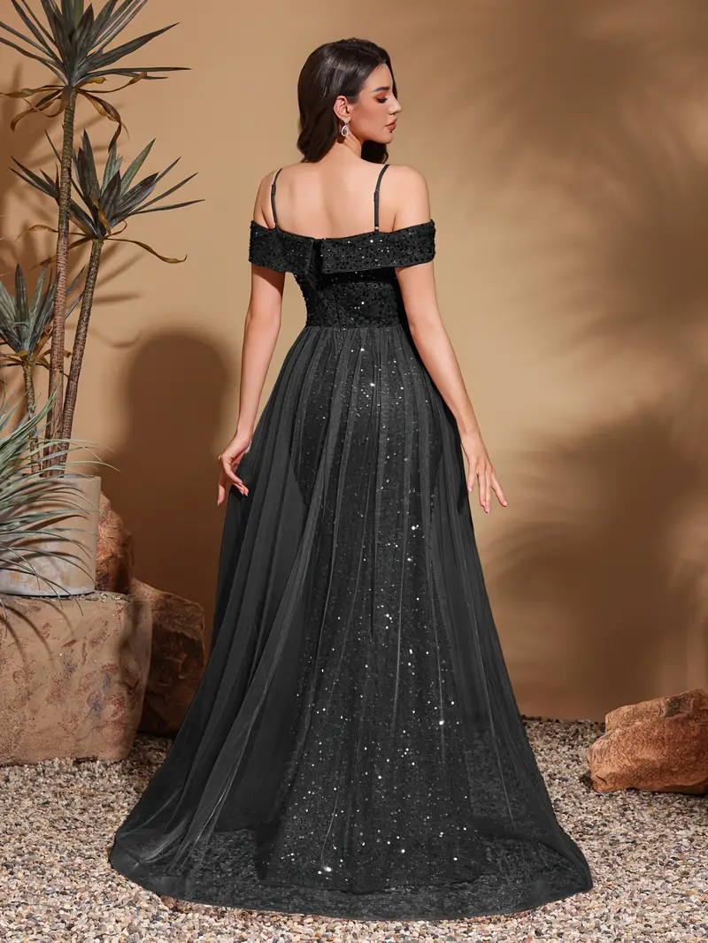 elegant shoulder sequin gown tulle train long black party - Temu United Kingdom elegant shoulder sequin gown tulle train long black party - Temu United Kingdom