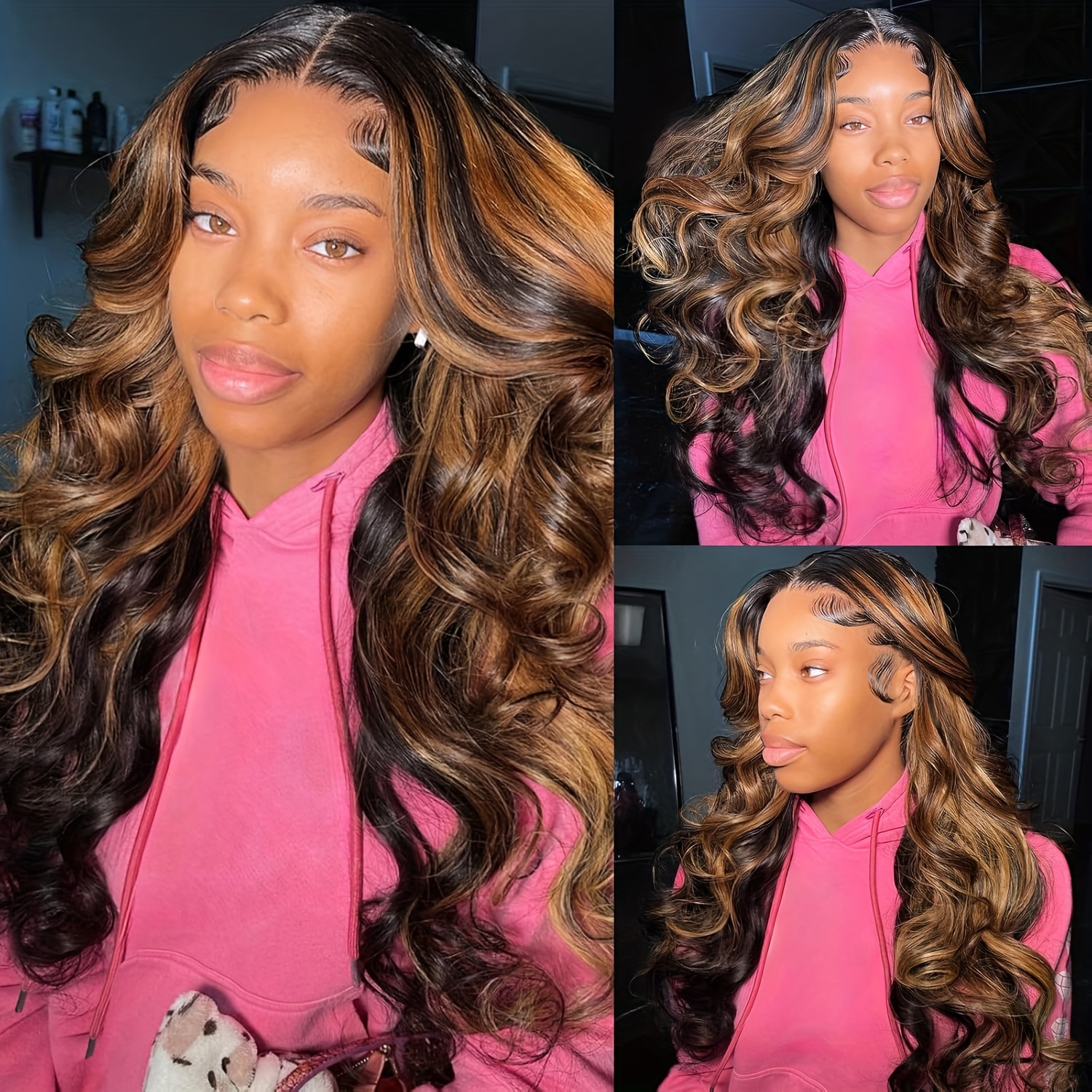TEMU 5x5 Glueless Lace Front Wig With Brown Highlights - Pre- Loose Body Wave Human Hair Wig, 150% Density Long Black Hairpiece For Women, Natural