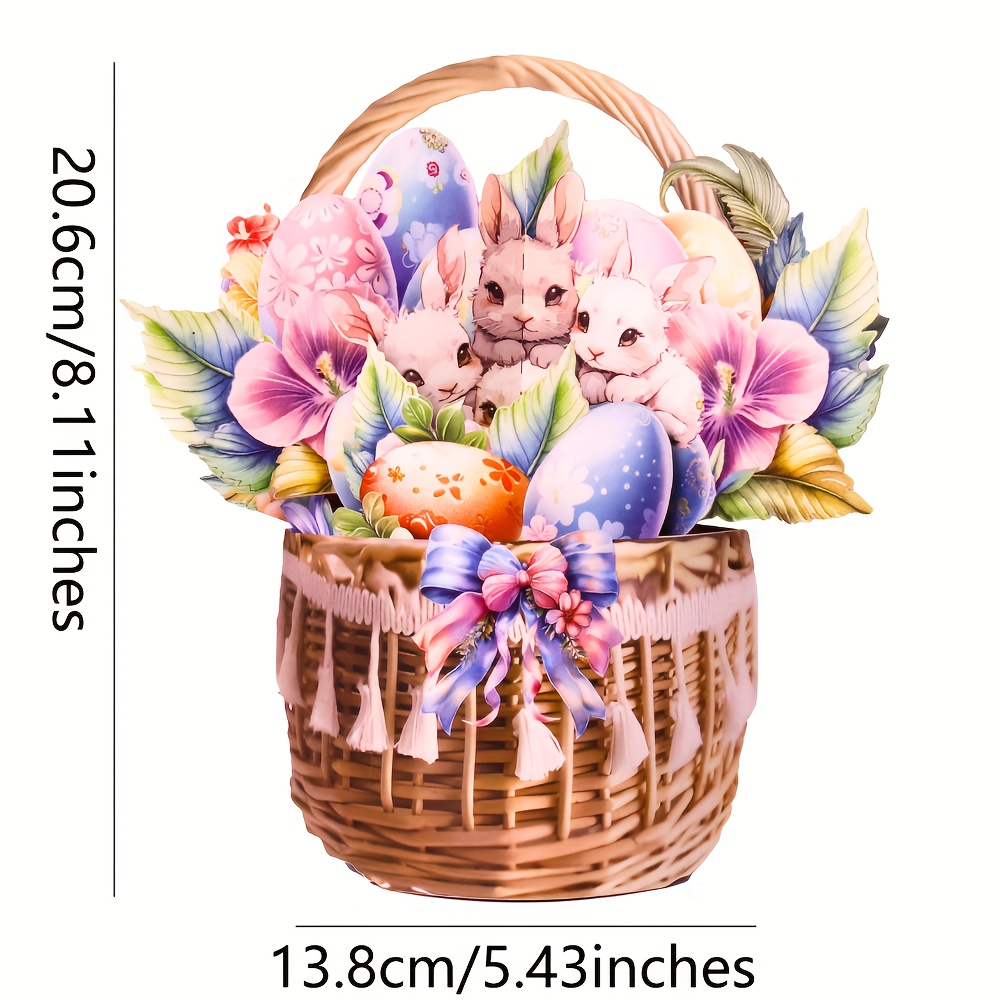 1pc Handmade Happy Easter Pop-Up Basket Card with Colorful Bunny, Eggs &amp; Tulips - Includes Note Card and Envelope, Ideal for Home Decor and Party Supplies