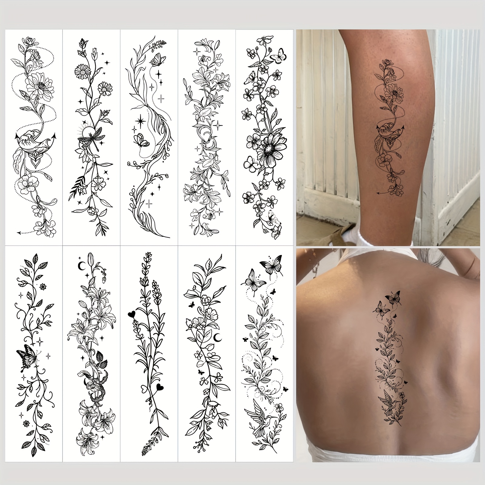 Image of 10pcs Of Washable Temporary Tattoo Stickers Featuring Floral Designs, Suitable For Everyday Use, Parties, Holiday Gifts, And Body Decoration On , Wrists, Chest, And Abdomen