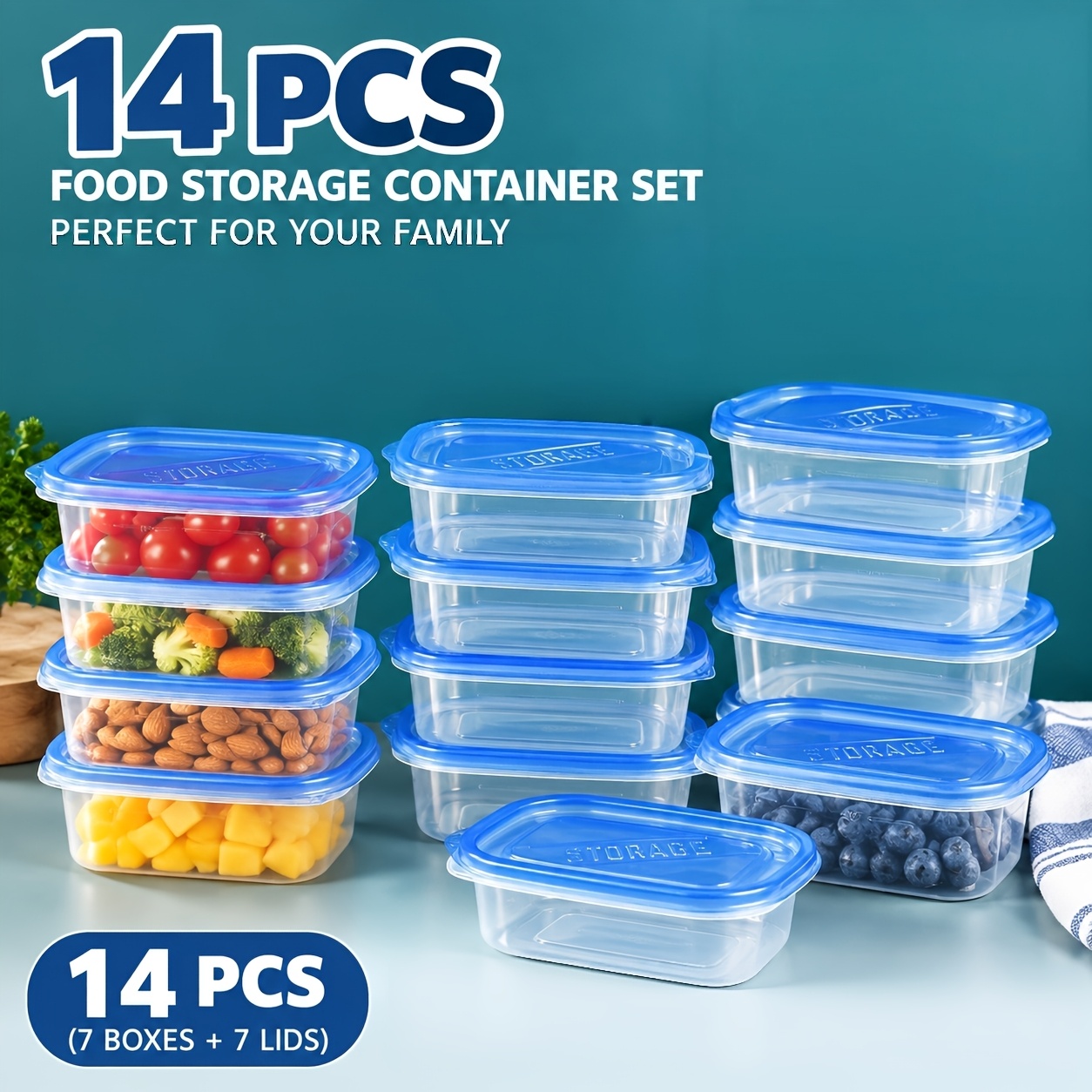 TEMU 14pcs( 7boxes And 7lids)transparent Blue Plastic Food Storage Containersreusable Airtight Pp Material Snap Lock Lids Storage Boxes For Fruit