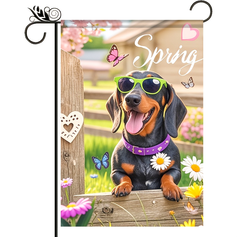 

1pc "" Dachshund & Cherry Garden Flag, Double-sided Print, 11.81x17.72 Inches, Polyester, Universal Spring Decor, Multipurpose Outdoor Lawn Porch Yard Decoration, No Flagpole