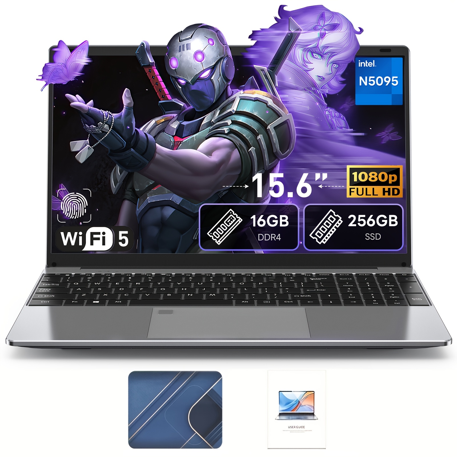 TEMU Laptop SUXI da 15,6 pollici, sblocco con digitale, IPS con risoluzione 1920*1080, tastiera retroilluminata, batteria da 5000mAh, mouse e