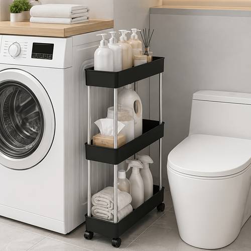item picture 1pc 3 tier narrow mobile storage rack 13cm ultra narrow pp plastic utility cart with universal wheels and stainless steel tube multifunctional storage trolley suitable for bathroom washing machine side kitchen bedroom standing shelf