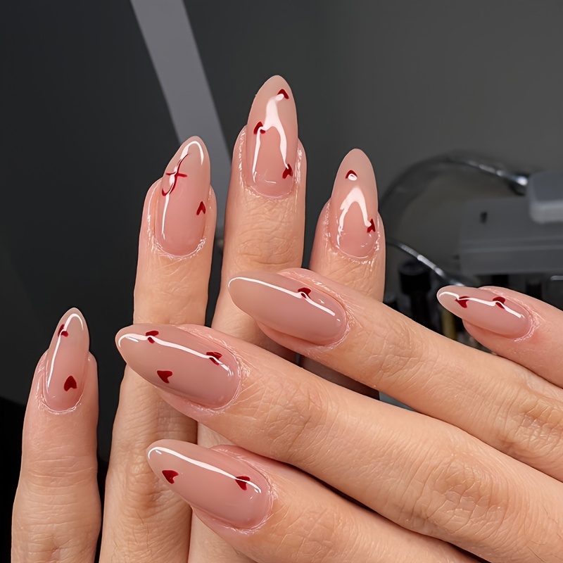 

1 Set Nude Shaped Press-on Nails With Red , Fashionable And , Medium Length, A Chic And White-enhancing Look, European And Nail Art