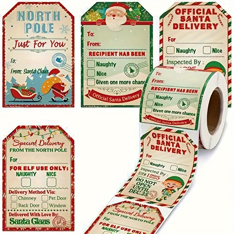 

200pcs Vintage Santa Christmas Stickers - Glossy Paper Self-adhesive Gift Tags, Single Use, Round Official North Pole Delivery Labels For Gift Wrapping & Party Decorations