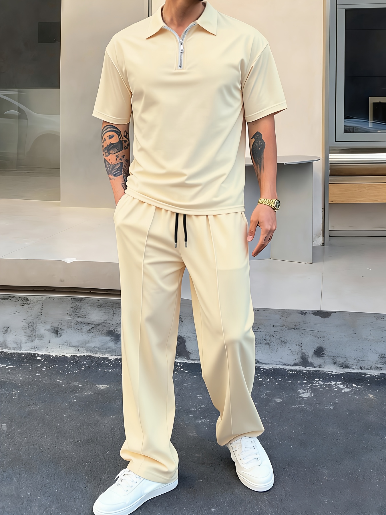 1 vnt. vyriškas 2 dalių marškinėlių su užtrauktuku ir kelnių su raišteliais komplektas, kasdienis sportiškas stilius, lengvas, kvėpuojantis, greitai džiūstantis, vasaros kasdienis drabužių komplektas atostogoms, kelionėms į darbą