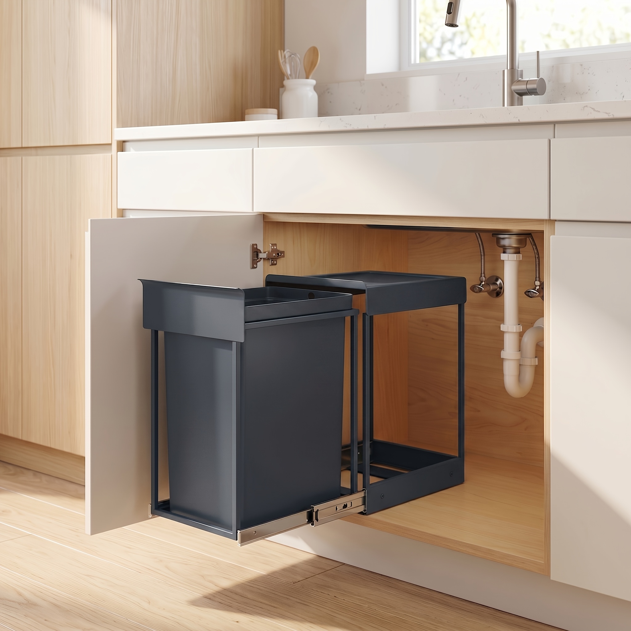 Pull-out Trash Bin For Kitchen Cabinet, Waste Bin, , Abs Lid, , Black And Gray