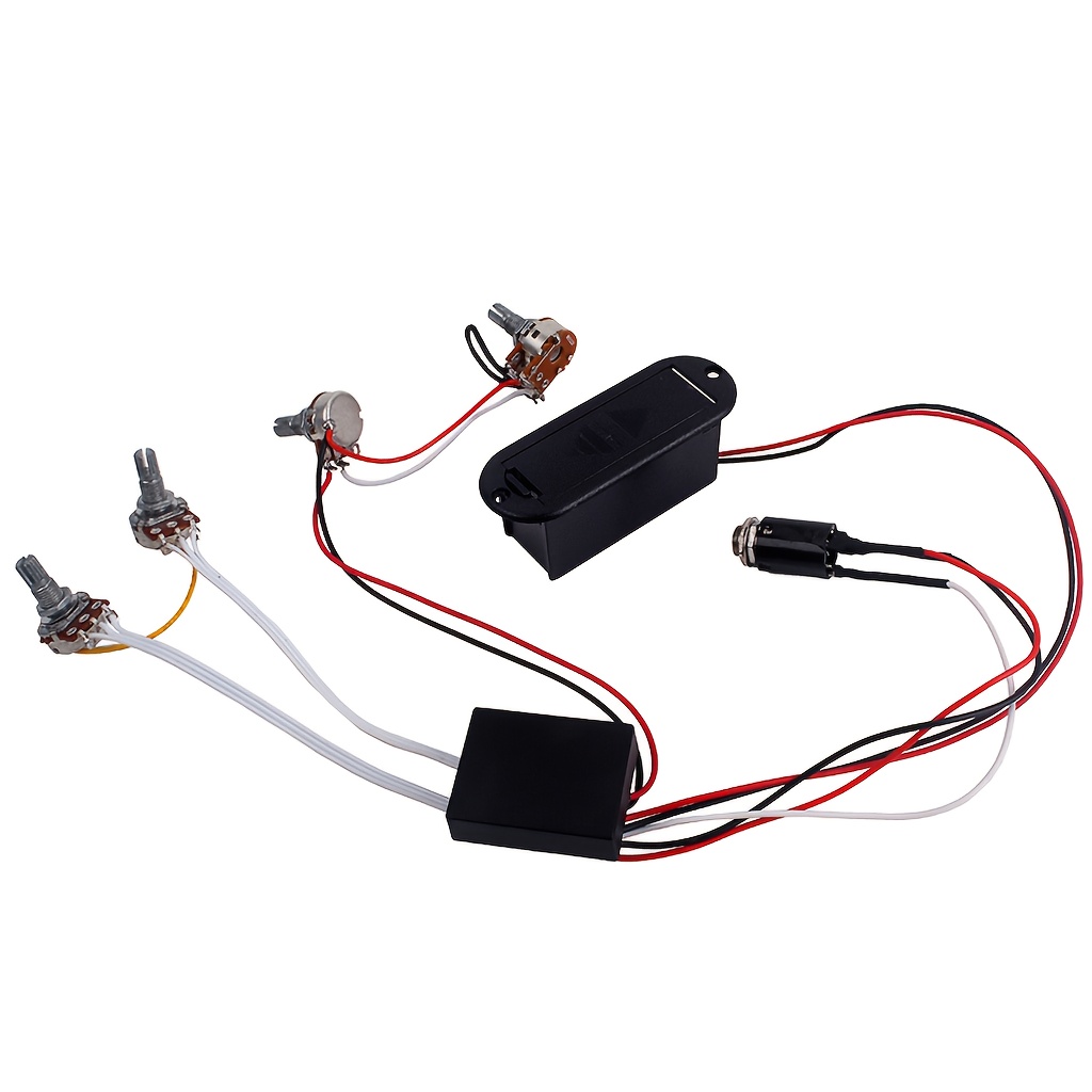 [2-Band EQ Equalizer] 2-Band EQ Equalizer Volume & Bass Boost Switches - Active Pickup Wiring Harness for Electric Guitar, Bass Guitar, and Other Electronic Instruments - Durable ABS Material, Red & Black Wires, Guitar Accessories, Bass Boosters, Electronic Guitar Parts, Sleek Component Design, Sturdy Construction