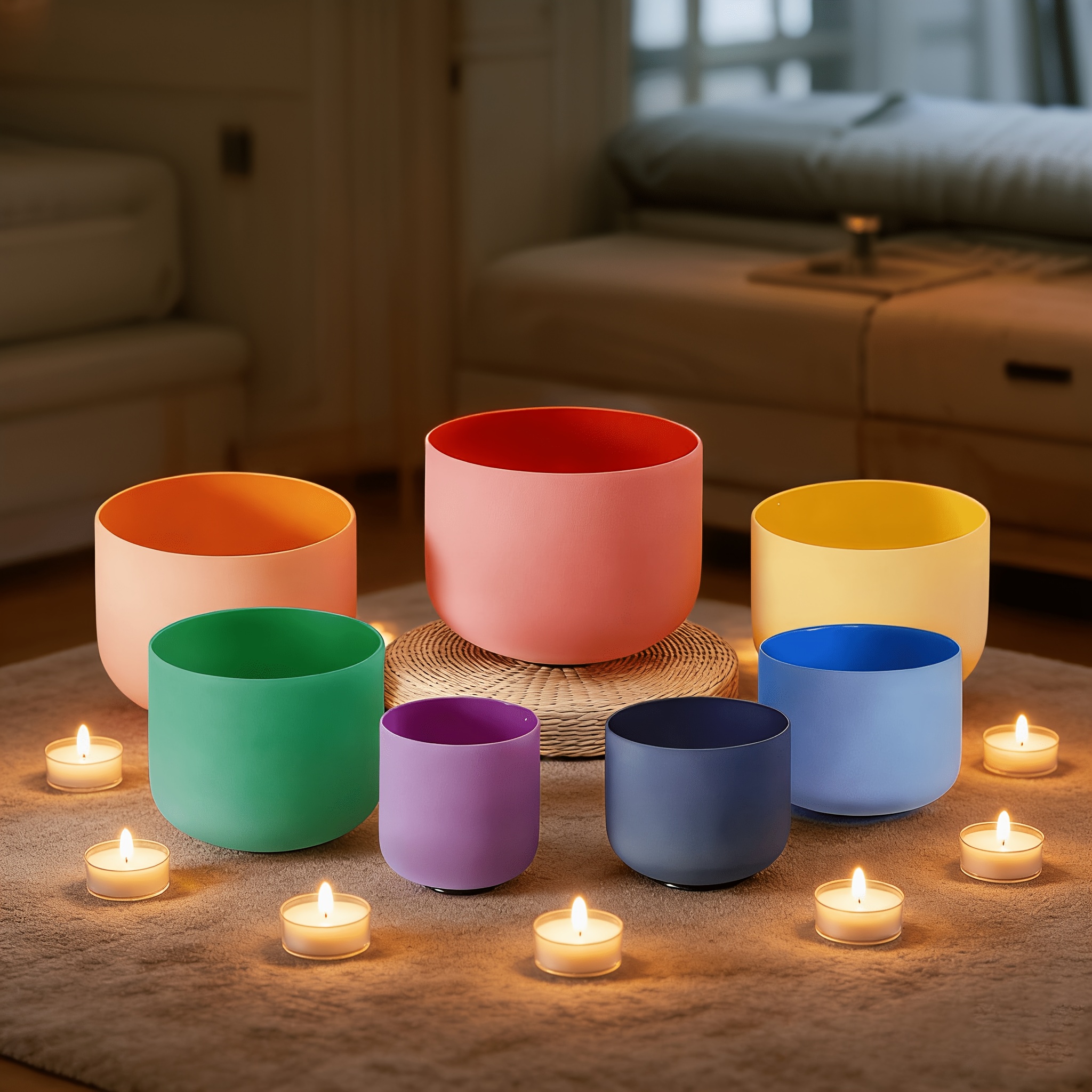 Image of 6-12 Inch Crystal Singing Bowl Set, 7pcs Colored Design Sound Bowls Musical Instruments For Yoga Meditation With Bags