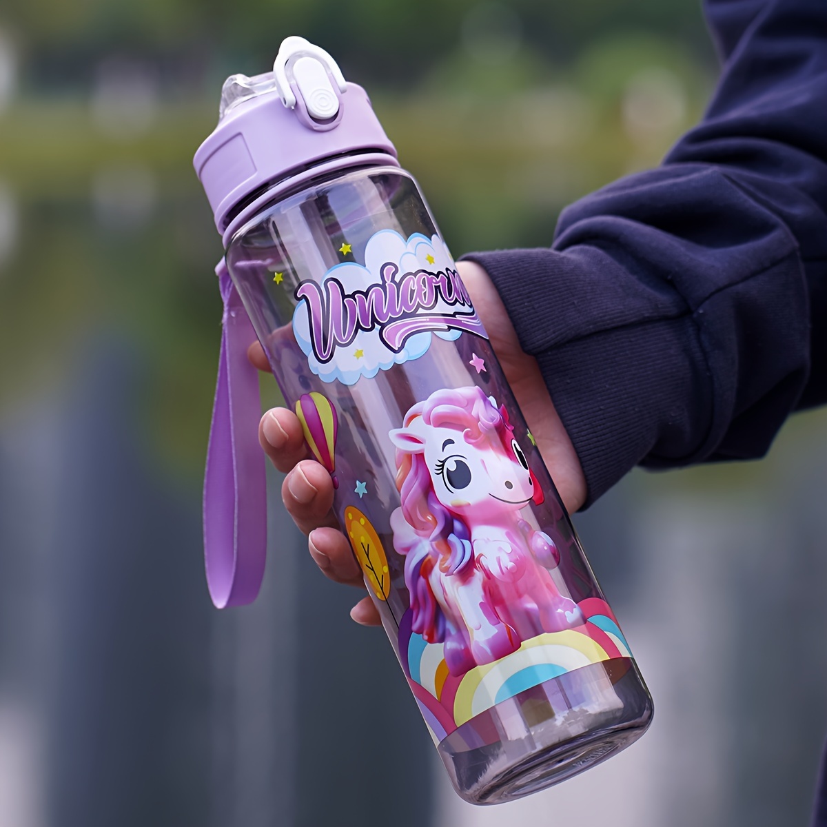 TEMU 1pc 25oz Colorful Pony Themed Water Bottle - Leakproof Portable Bottle For Camping, Travel, Fitness - Cute Cartoon Design, Blue Plastic,