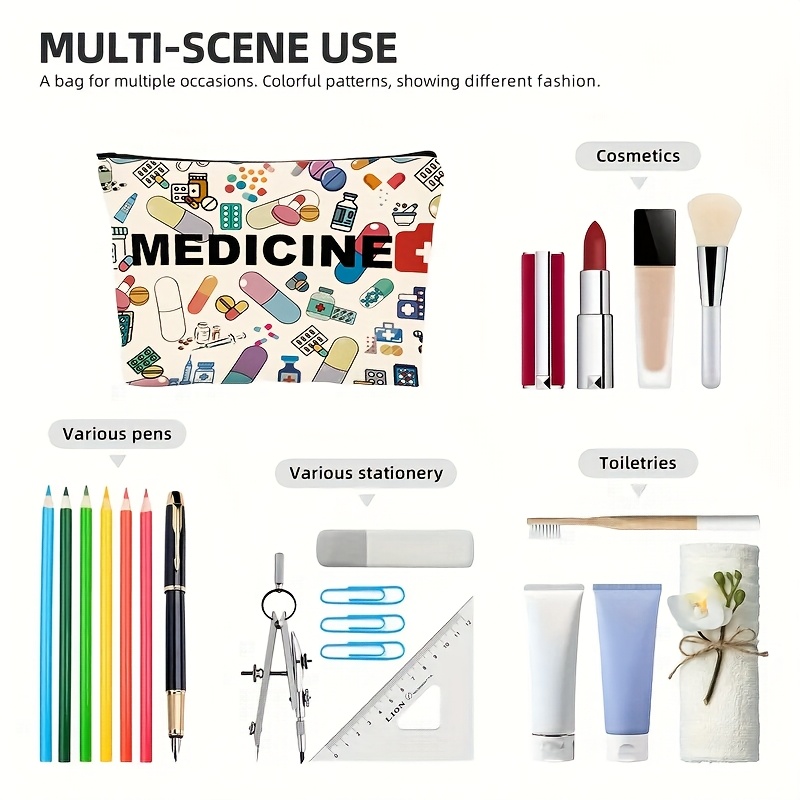 Medicine-Themed Canvas Travel Pouch - Zippered Cosmetic & Toiletry Organizer, Lightweight & Foldable, Beige with Colorful Medical Illustrations, Perfect Gift for Friends, Teachers, or Healthcare Professionals, Travel Toiletry Bag | Medical Theme | Zipper Closure