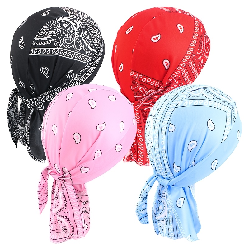 TEMU 4pcs Set: Print Stretch Pirate Hat, Rapper Strap Headwrap Hat, Print Pattern Position Is Random