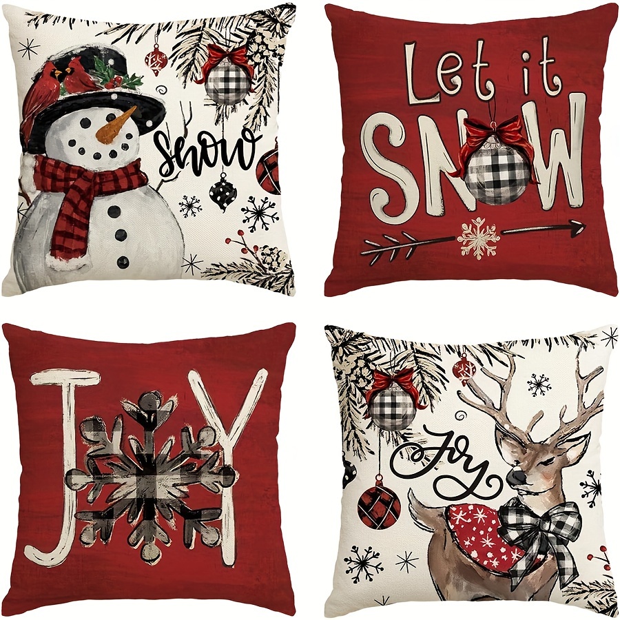 

4pcs Christmas Throw Pillow Covers Set - '' & Snowman Designs, , Zip Closure - Sofa & Home Decor