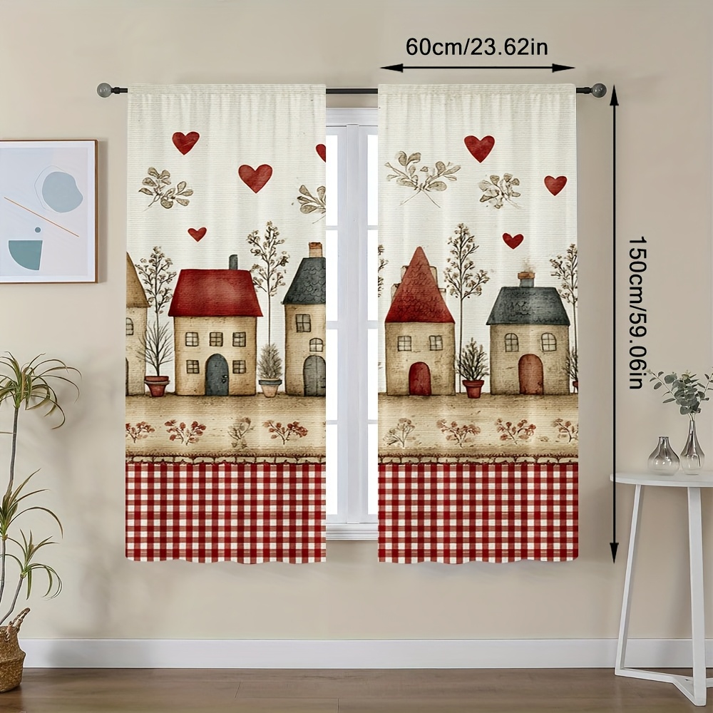 TEMU 2d Flat, 2pcs 2d Flat Rustic Christmas Village Printed Curtain – Trendy Rod Pocket Window For Kitchen, Living Room, Office, Bedroom, Adds Color