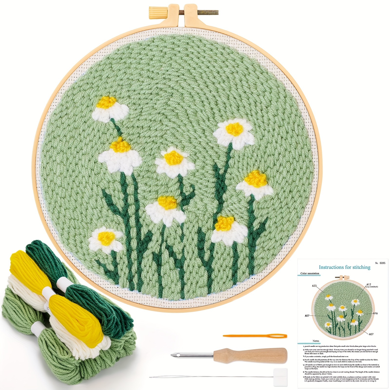 

Punch Needle Embroidery Kit, Light Green Floral Set, Diy Kit For Beginners, Includes Embroidery Hoops, Flowers And Plants Pattern, For Kids And Adults