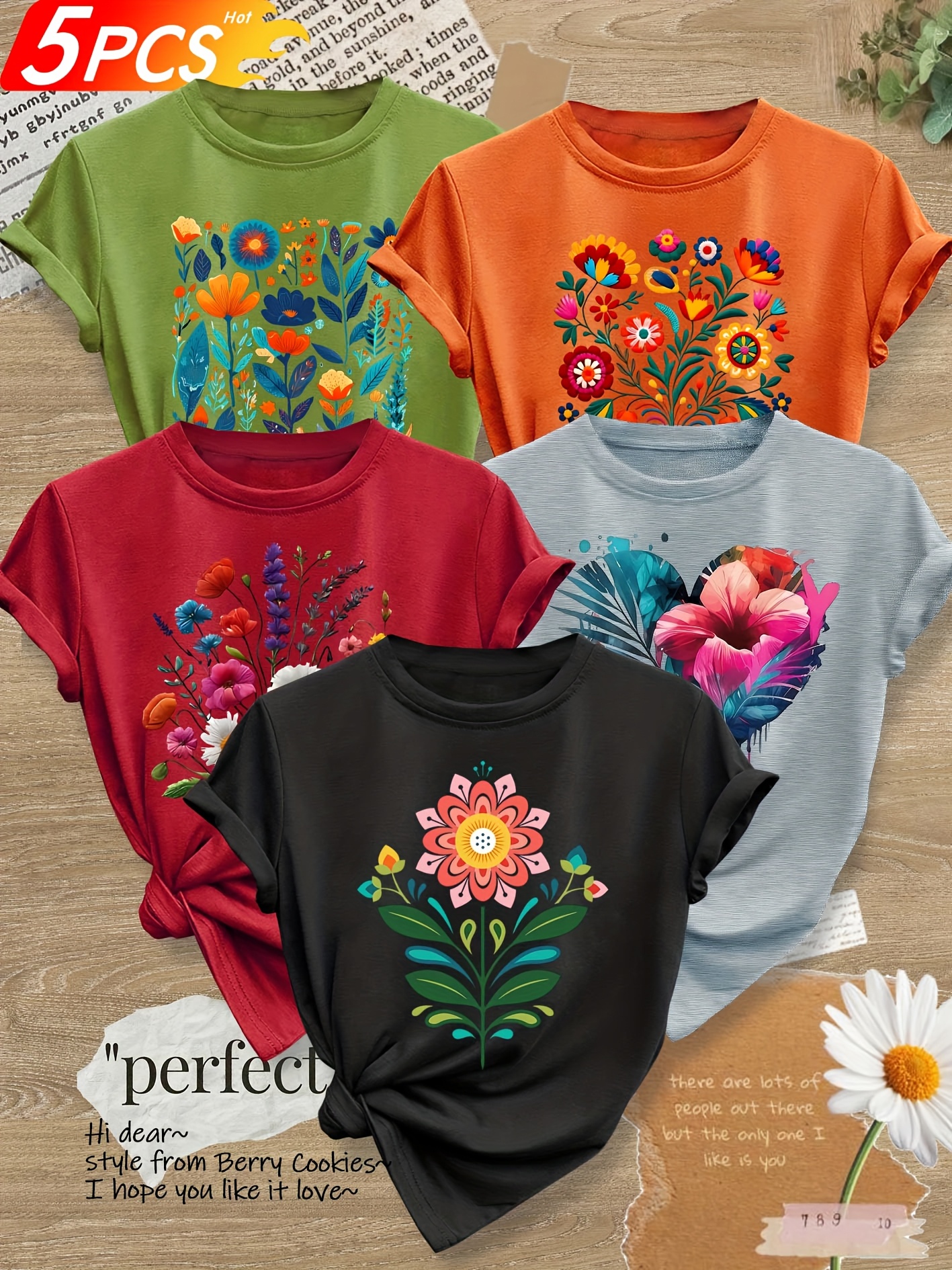 piezas de camisetas con estampado floral para mujer Diseño de dibujo  artístico retro y elástico, cuello y cortas casua