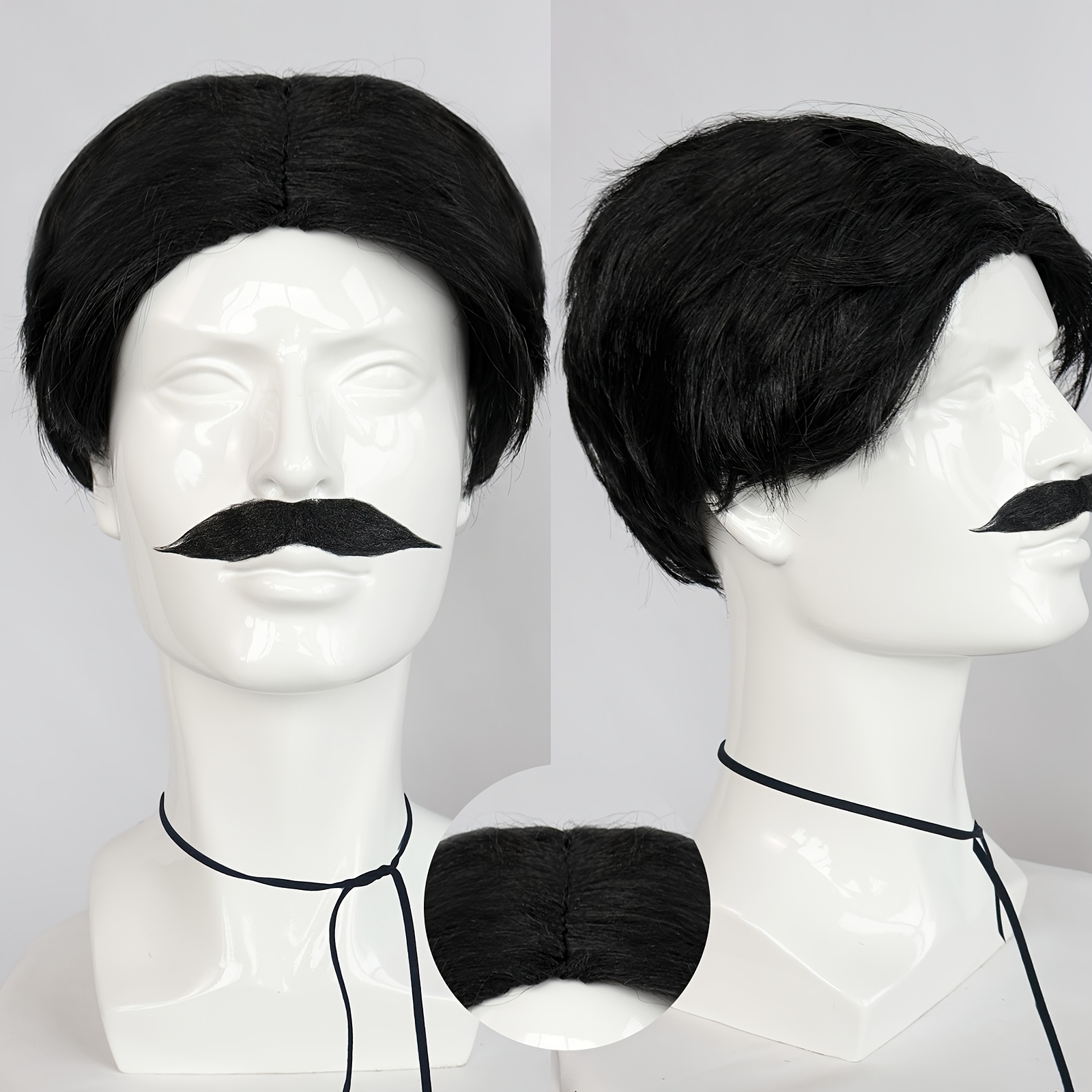 TEMU Synthetic Short Black Cosplay Wig With Split Styling And A Beard Suitable For Role-playing Outfit Wig