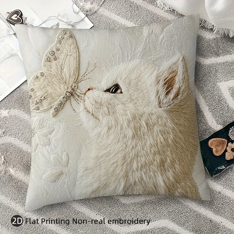 E-shop 2D-Flachdruck-Kissenbezug mit weißer Katze Schmetterling, 18x18 Zoll – keine echte Stickerei, weicher bequemer dekorativer Kissenbezug,