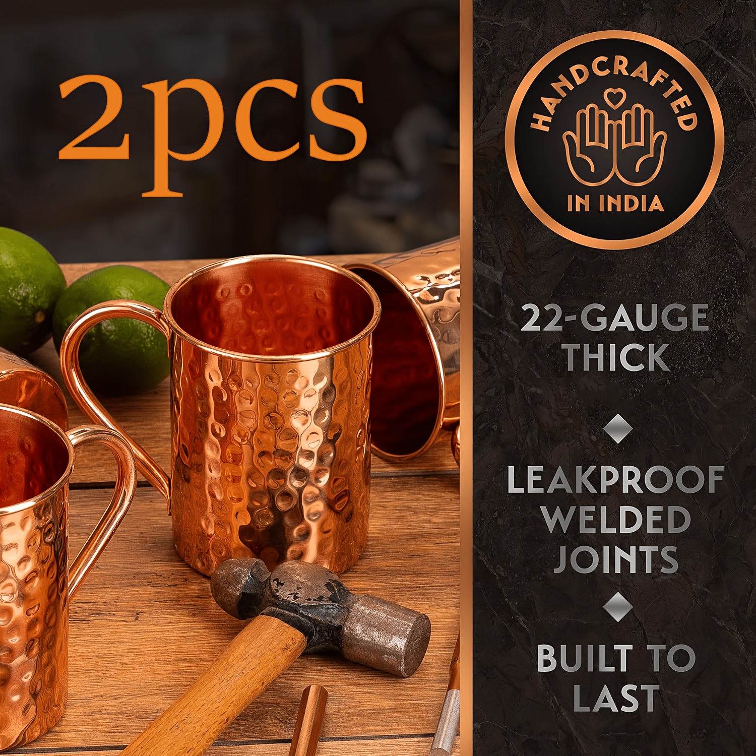 Image of Gift Set Moscow Mule Mugs, Copper-colored Cups Cylindrical Shape Handcrafted