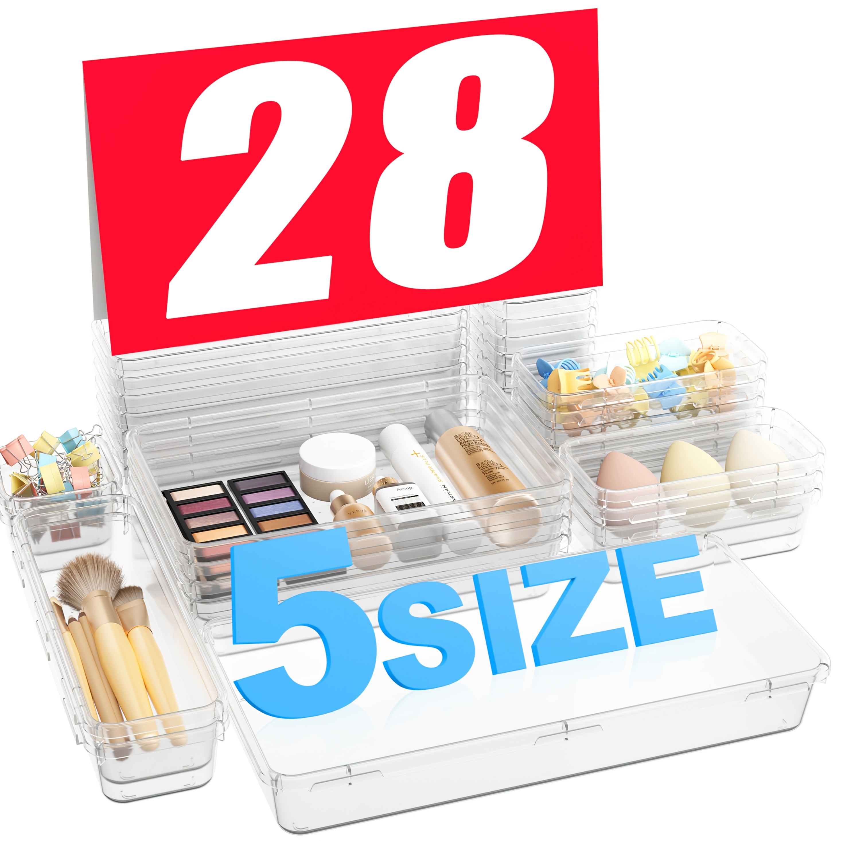 Image of 28pcs, Drawer Organizer, [5size] Makeup Organizer, Bathroom Organizers And Storage, Organization And Storage, Desk Drawer Organizer For Bathroom Vanity, Desk & Drawer Organizer For Home Storage