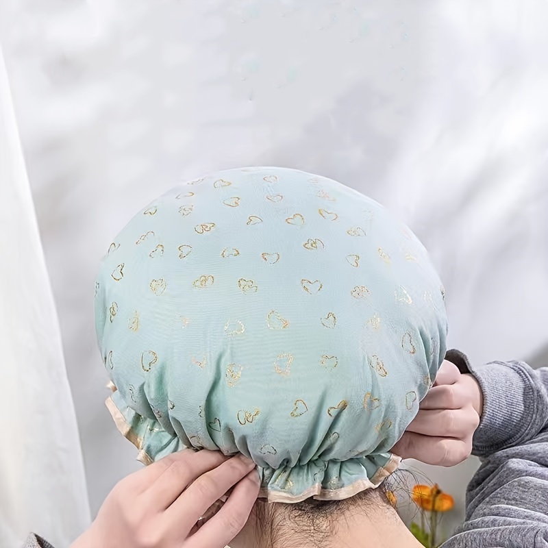 

Waterproof Shower Cap With Golden Heart Print - 50% Polyvinyl Chloride, 50% Polyester - Elastic Band, Hair Protection For Women - Suitable For Shower, Beauty, Cooking - Dual-layer, Non-slip, Multi-use