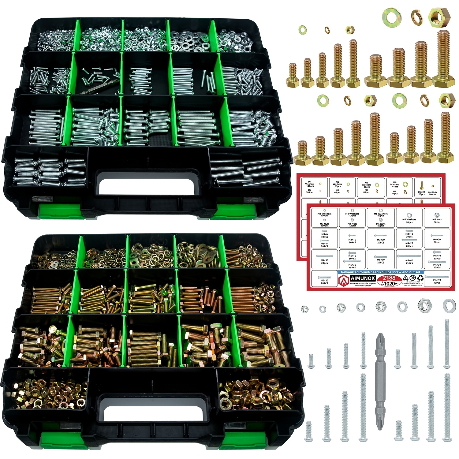 2188pcs Round Head Cross Screw White Plated External Hex Color Plated Assortment Kit With Double Side Storage Box And Double End Cross Screwdriver Bits For Machinery Furniture Repair