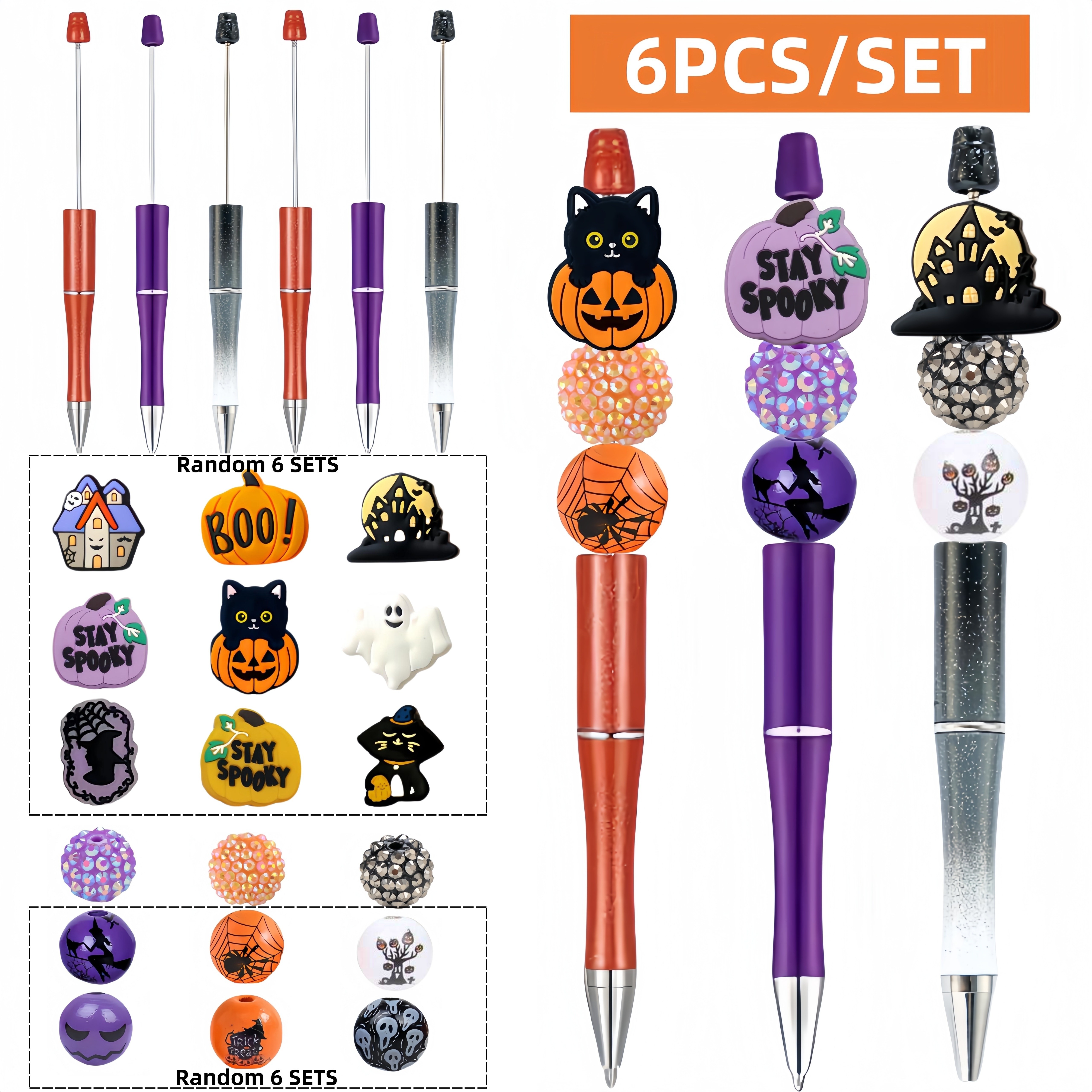 

-themed Ballpoint Pen Set With Beaded Charms, 6-piece, Twist Closure, Medium Point, Plastic, Ideal For Party Favors & Gifts, Suitable For Adults 18+