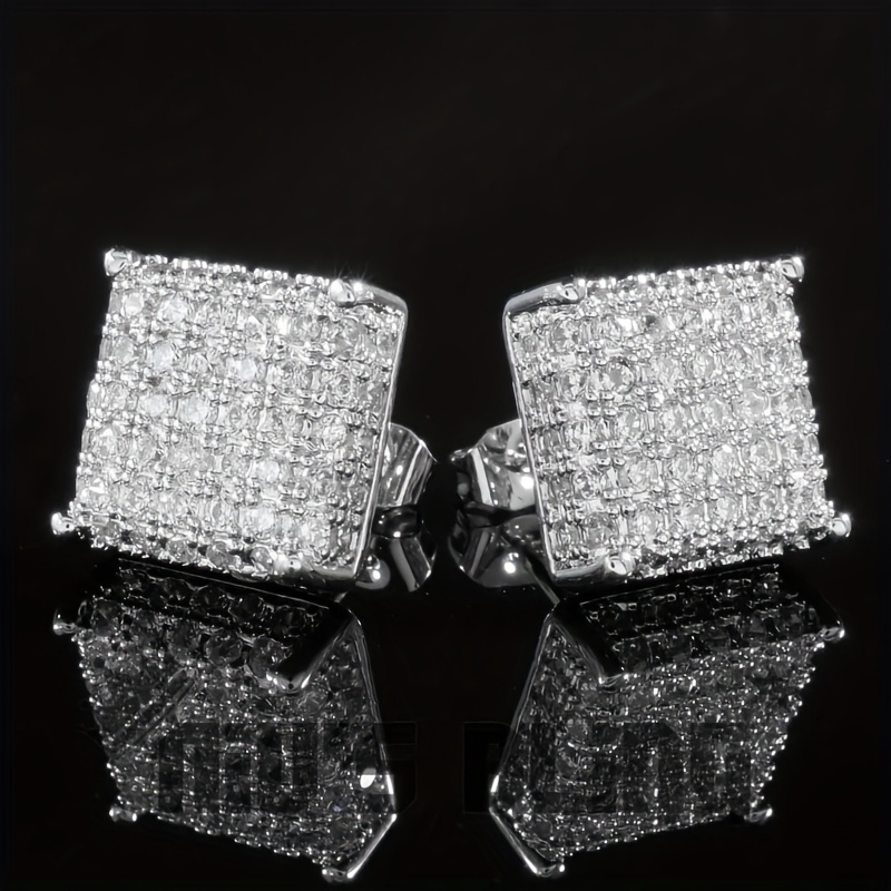 Trendy Silvery Out Iced Aaa Synthetic Zirconia Square Hip Hop Stud Earrings